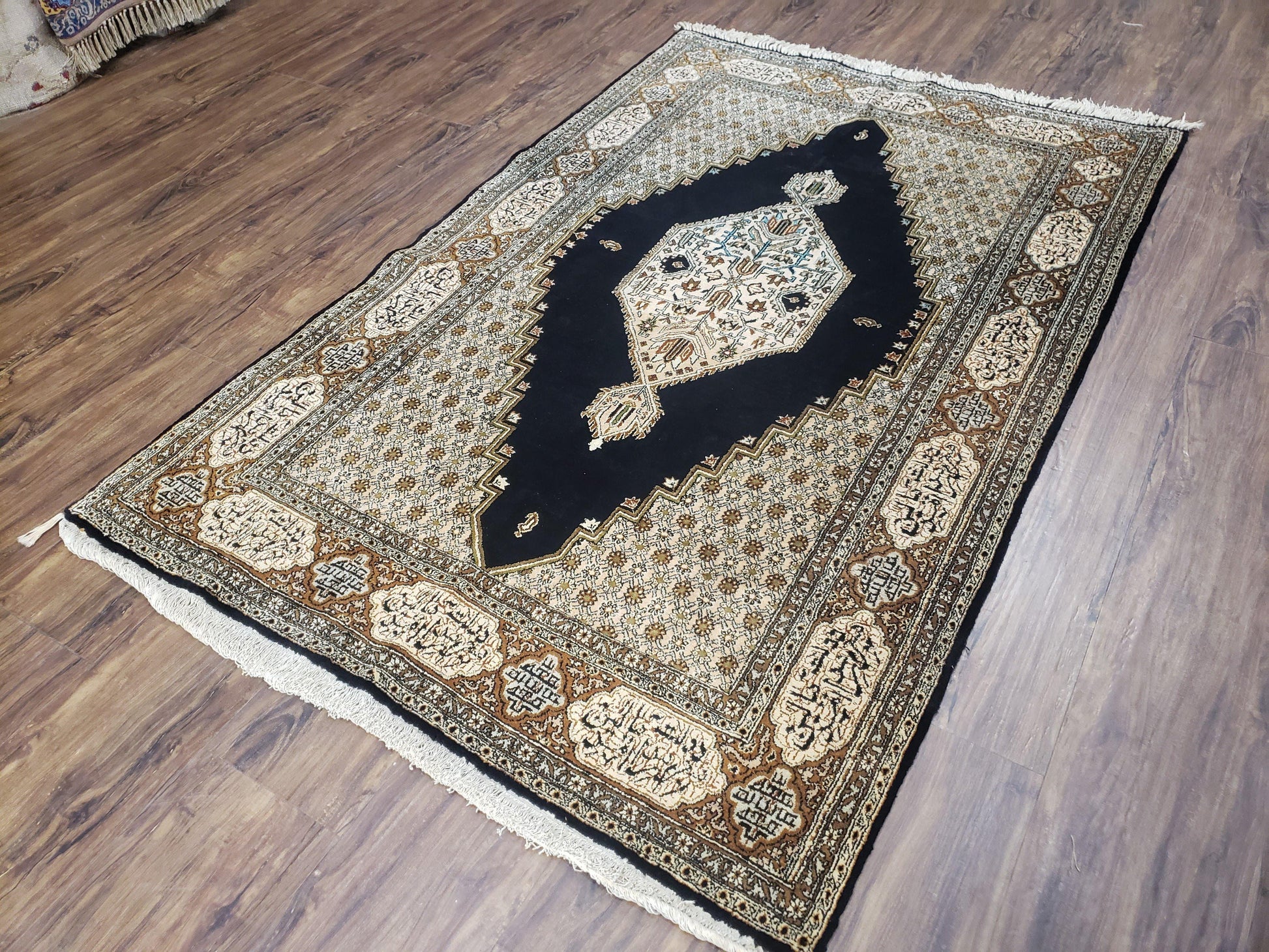 Persian Silk Qum Rug, Silk on Silk, Black Golden Brown and Beige, Hand-Knotted, 3'6" x 5' 5" - Nuvé