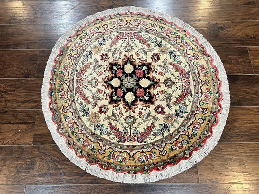 Silk Persian Tabriz Round Rug 3x3 ft, Very Fine Hand Knotted Carpet 380 KPSI, Cream & Gold, Bird Pictorials, Floral, Rare - Nuvé