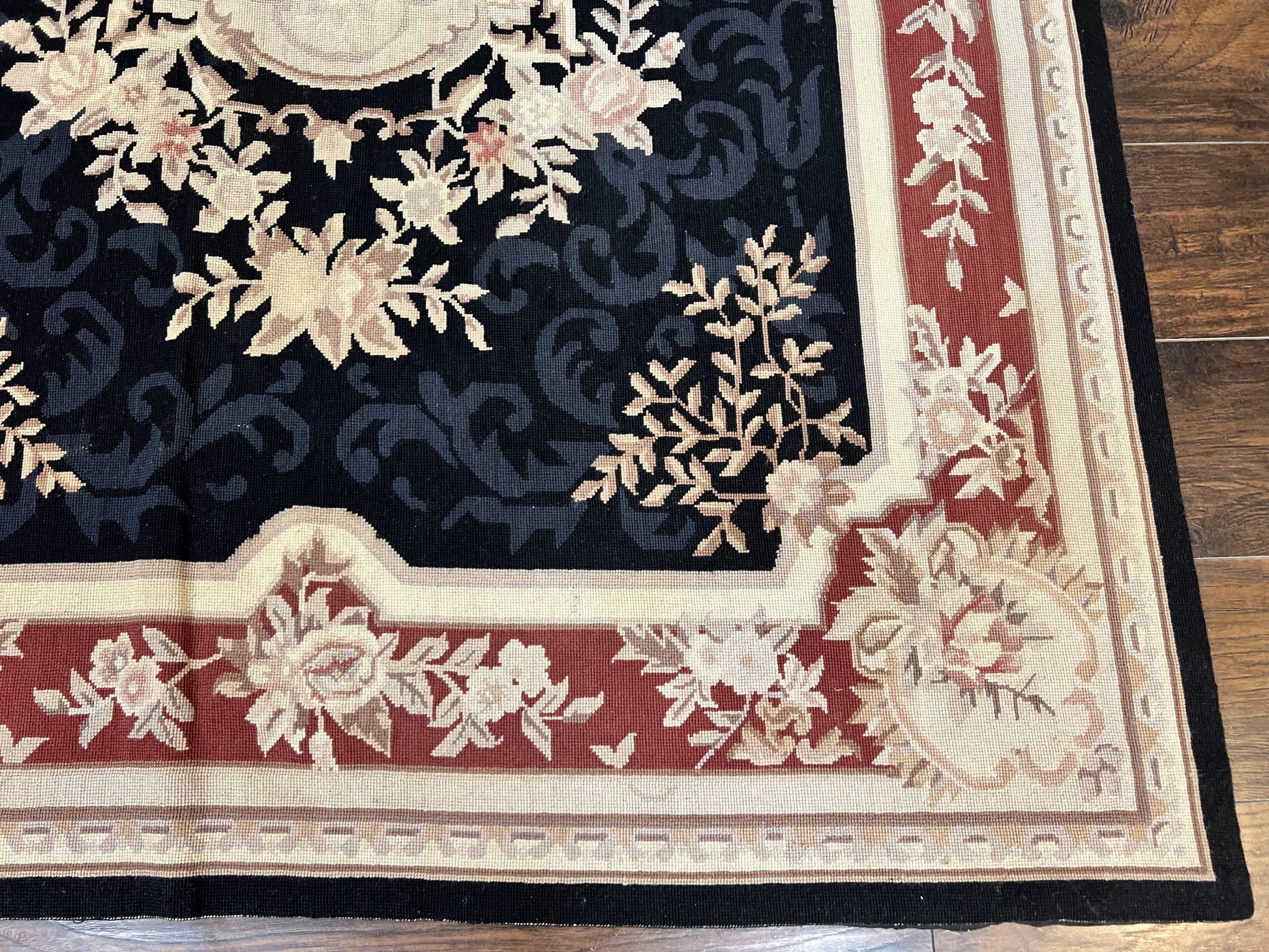 Needlepoint Rug 5x8, Wool Handmade Vintage European Design Carpet, Black & Maroon, French Aubusson Pattern Flatweave Rug - Nuvé