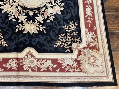 Needlepoint Rug 5x8, Wool Handmade Vintage European Design Carpet, Black & Maroon, French Aubusson Pattern Flatweave Rug - Nuvé