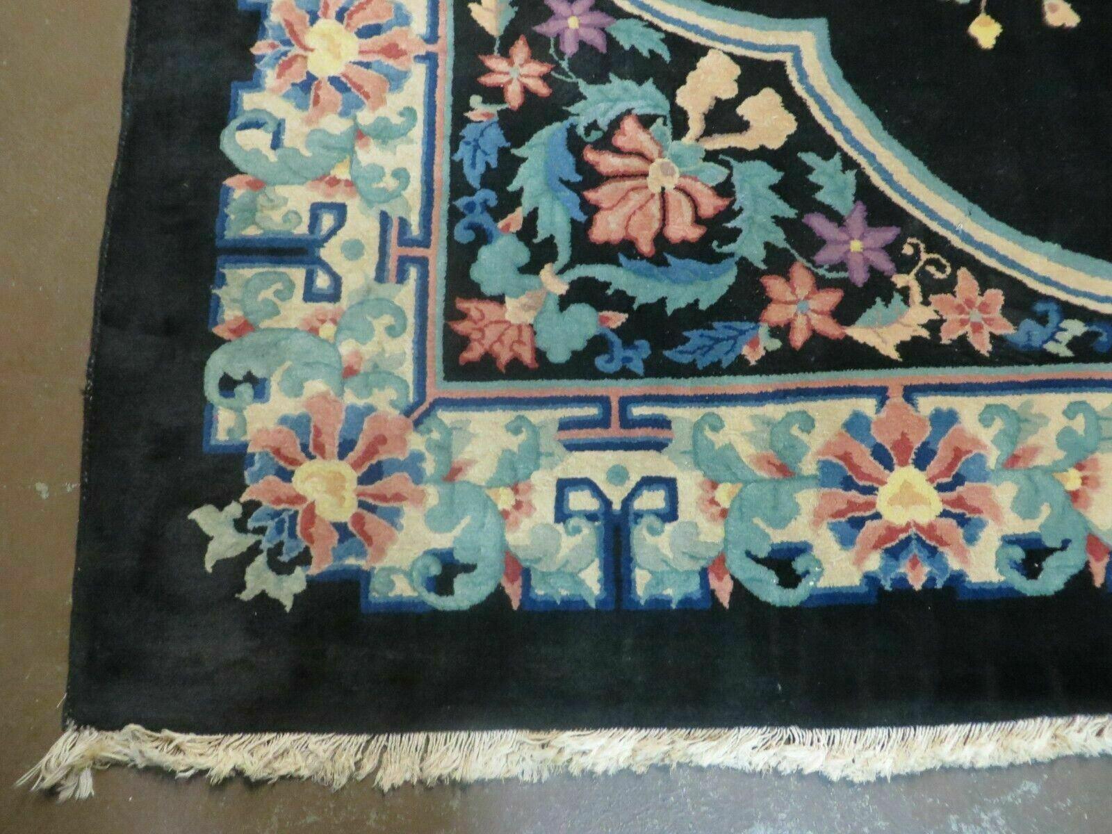 8' x 10' Vintage Handmade Art Deco Plush Chinese Wool Rug center Flower Black - Nuvé