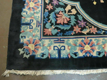 8' x 10' Vintage Handmade Art Deco Plush Chinese Wool Rug center Flower Black - Nuvé