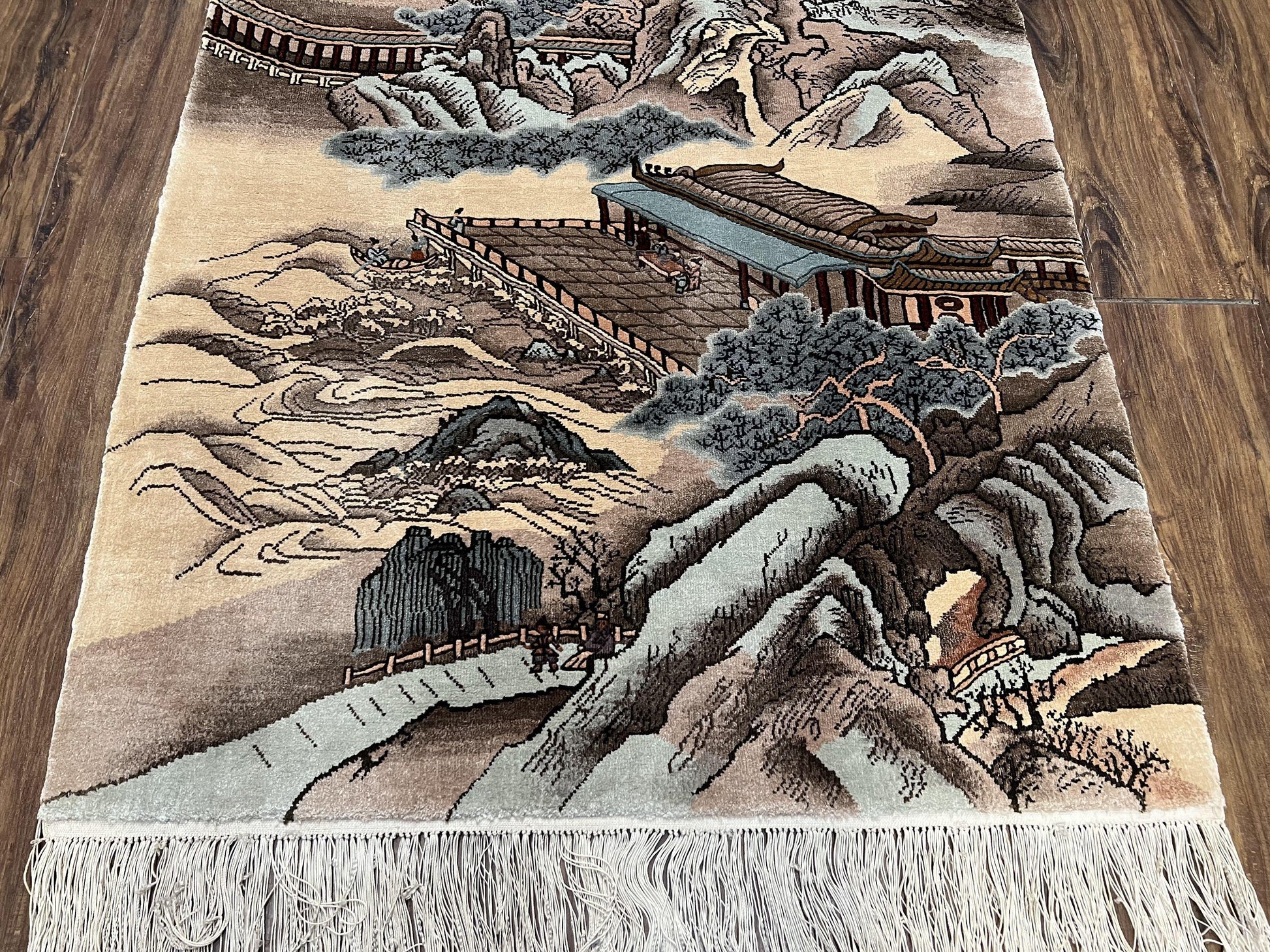 Silk Chinese Wall Hanging Rug 3x6 ft Tapestry, Pagoda Scene, Pictorial, High Quality Fine Hand Knotted Vintage, Asian Oriental Handmade Nice - Nuvé