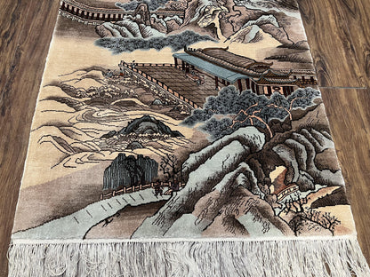 Silk Chinese Wall Hanging Rug 3x6 ft Tapestry, Pagoda Scene, Pictorial, High Quality Fine Hand Knotted Vintage, Asian Oriental Handmade Nice - Nuvé