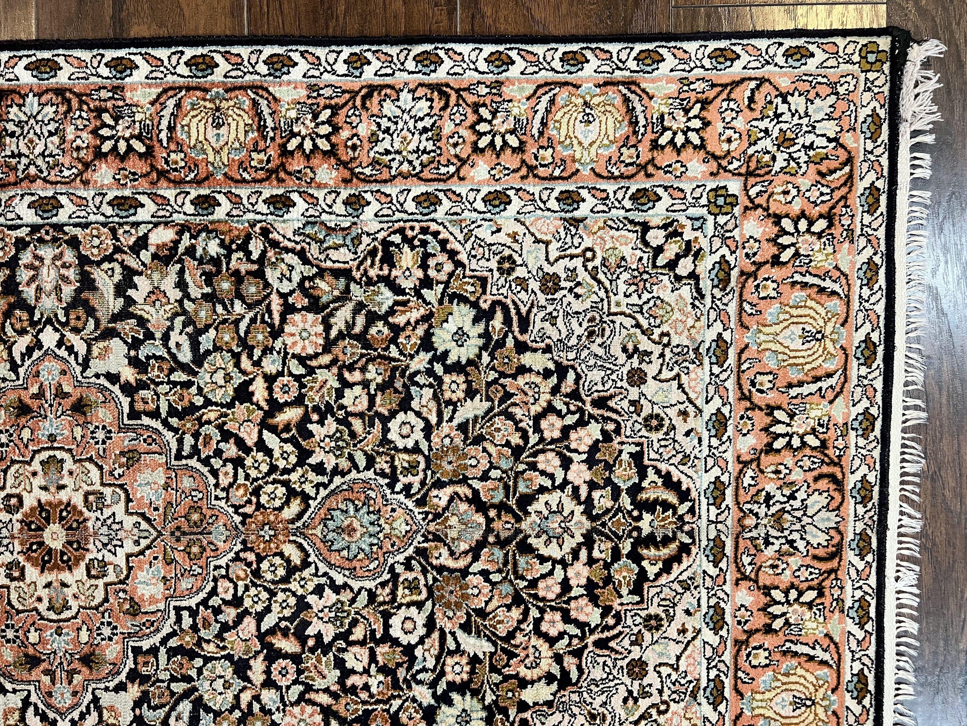 Silk Indian Kashmiri Rug 3x5, Indo Persian Silk on Silk Carpet, Very Fine 350 KPSI, Navy Blue, Handmade, Floral Medallion - Nuvé