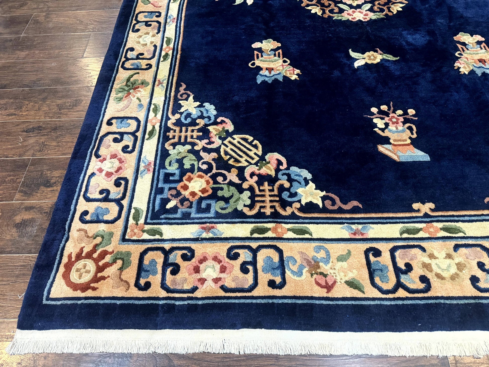 Chinese Wool Rug 8x11, Navy Blue and Beige, Simple Design, Fete Carpet - Nuvé