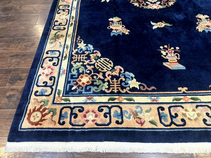 Chinese Wool Rug 8x11, Navy Blue and Beige, Simple Design, Fete Carpet - Nuvé