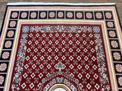 Pakistani Rug 6x9, European Aubusson Design, Wool Handmade Vintage Carpet, Dark Red, 6 x 9 Medium Sized Rug - Nuvé