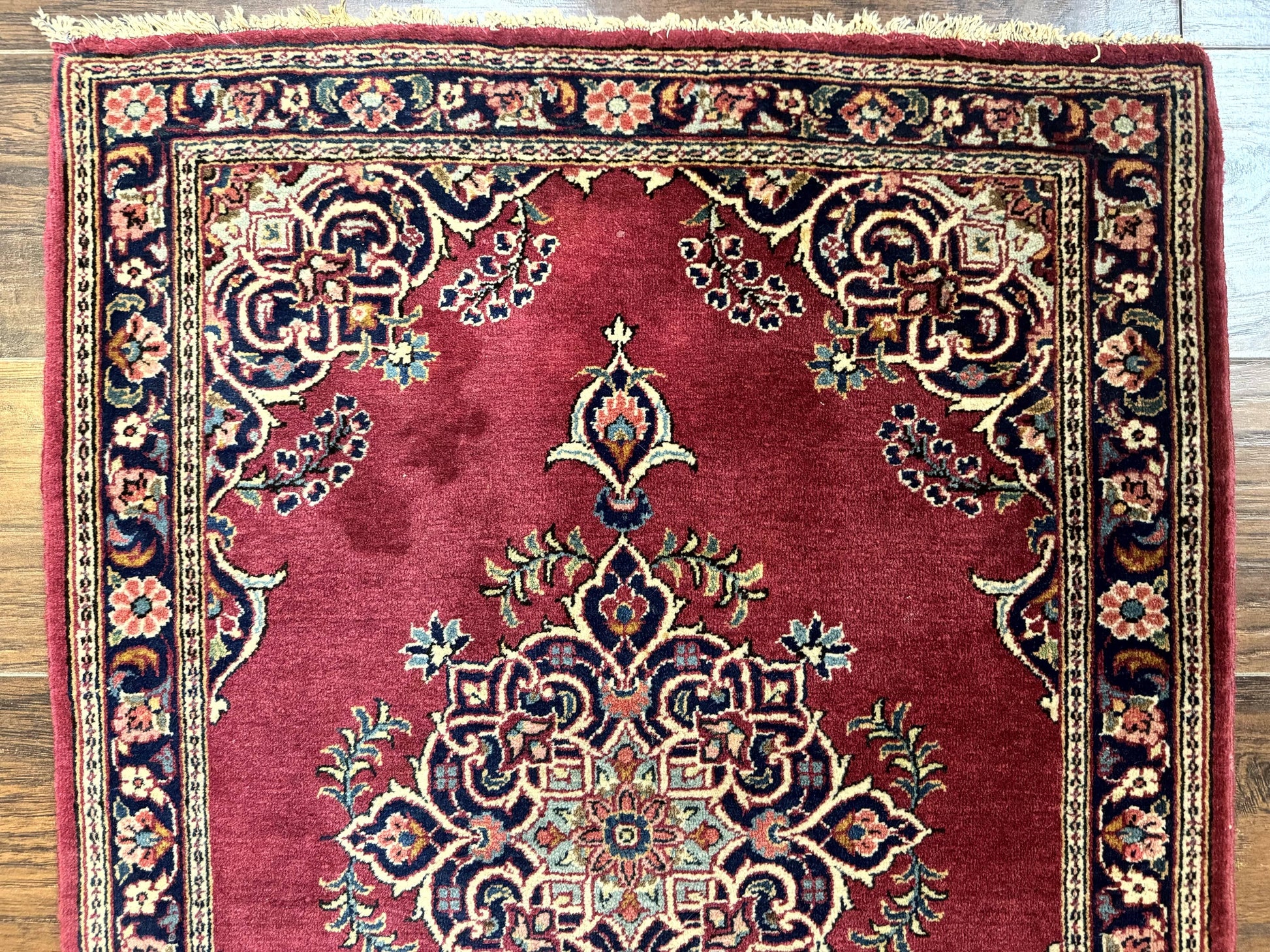 Small Persian Kashan Rug 2x3, Red and Navy Blue, Handmade Vintage Wool Semi Antique Persian Carpet, Semi Open Field - Nuvé