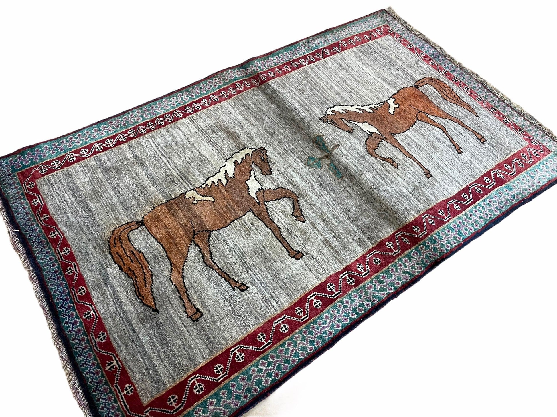 4 X 6 Handmade Rug Zagros New Vintage Quality Wool Rug Horses Silver Brown Nice - Nuvé