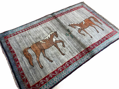 4 X 6 Handmade Rug Zagros New Vintage Quality Wool Rug Horses Silver Brown Nice - Nuvé