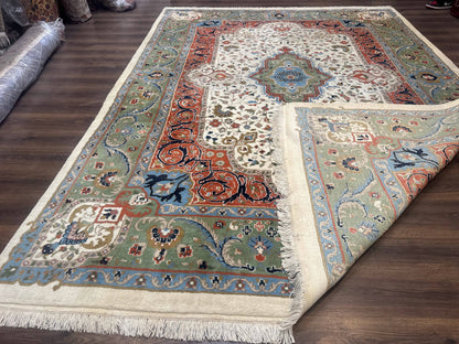 Indo Persian Rug 9x12, Ivory Red Green, Traditional Oriental Carpet - Nuvé