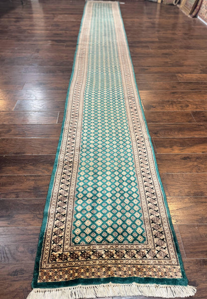 Long Pakistani Runner Rug 2.8 x 20, Hand Knotted Vintage Wool Hallway Rug, Turkoman Rug, Teal and Tan, Handmade Vintage Wool Runner - Nuvé