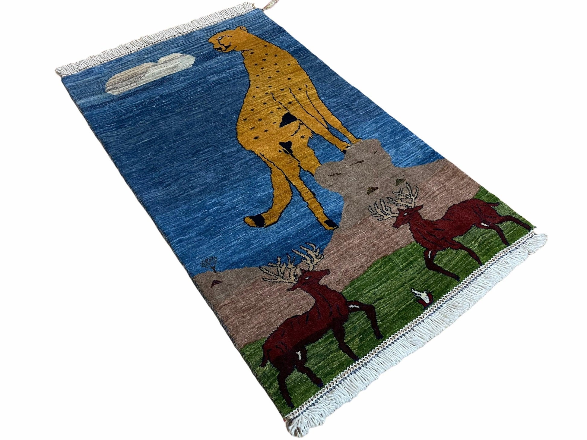 3 x 5 Handmade New Vintage Wool Blue Rug Leopard Lion Jaguar Deer Organic Dyes - Nuvé