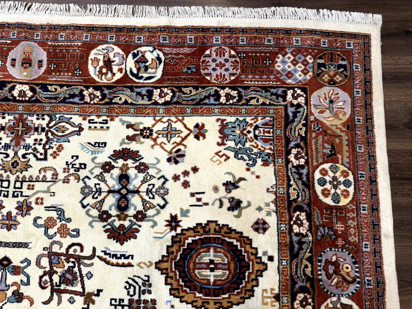 Indo Chinese Wool Rug 9x12, Ivory and Rust Red, Dragon Motifs - Nuvé