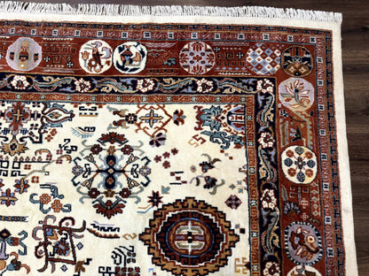 Indo Chinese Wool Rug 9x12, Ivory and Rust Red, Dragon Motifs - Nuvé