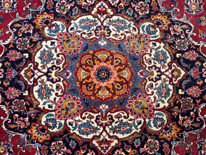 Large Persian Kashan Rug 11x14, Traditional Persian Carpet, Wool, Fine 250 KPSI, Red Navy Blue - Nuvé