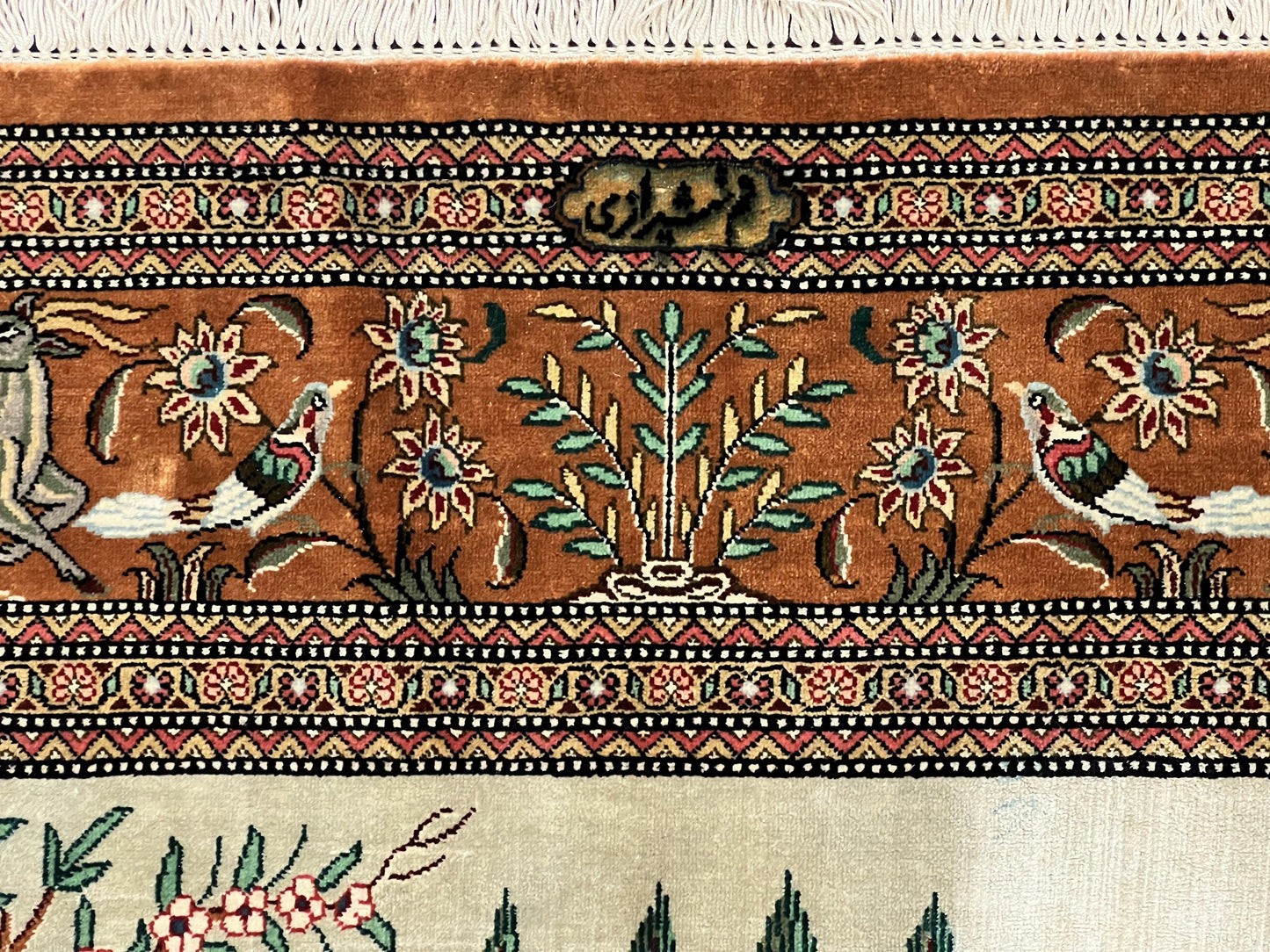 Silk Persian Qum Rug 3x5, Hunting Pattern, Handmade Vintage Carpet, Signed by Master Weaver, Horsemen Pictorials, Super Fine 650 KPSI - Nuvé
