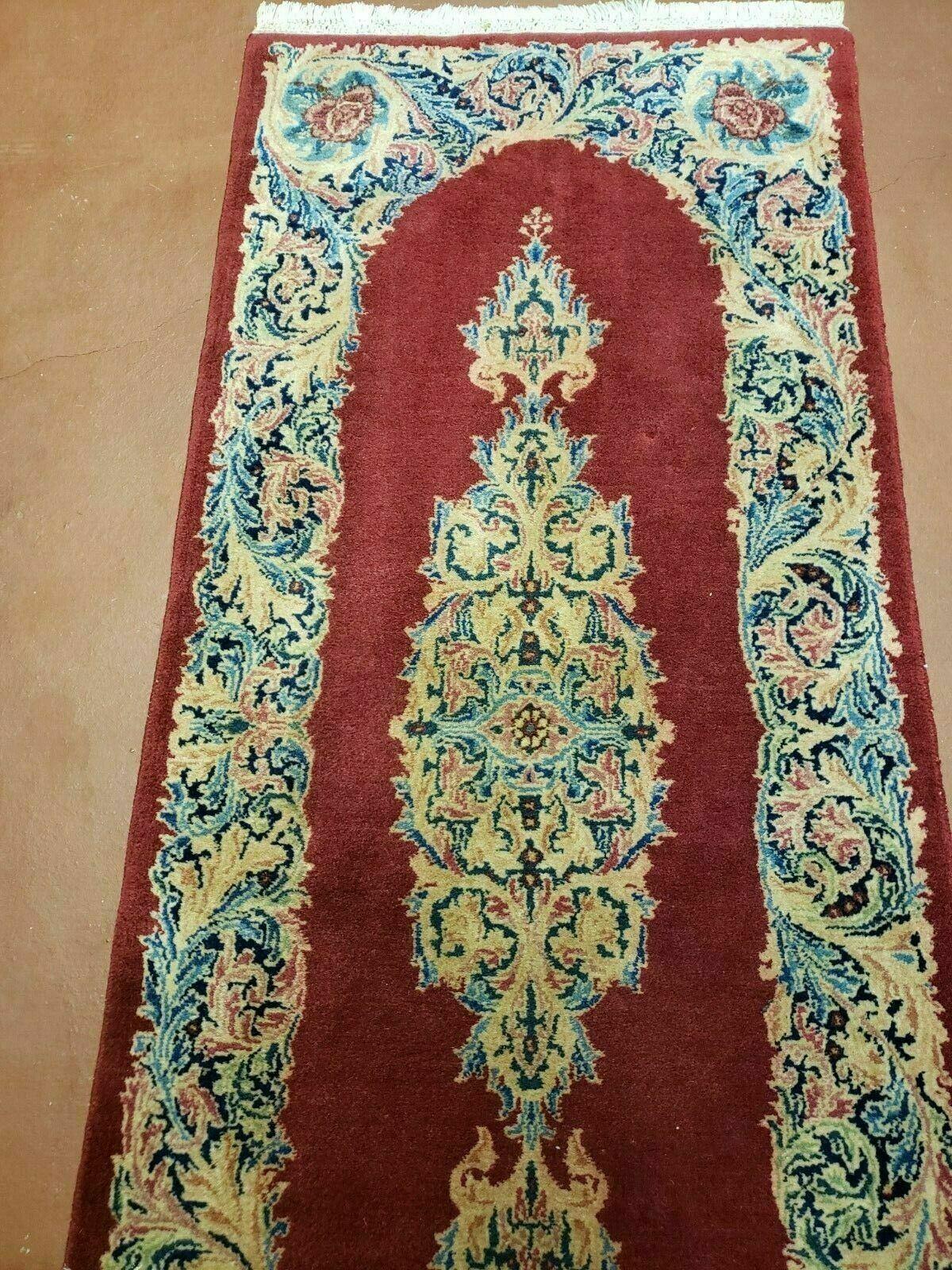 Small Persian Kirman Rug 2x4, Wool Oriental Vintage Handmade Carpet, Hand Knotted Floral Medallion, Red & Beige, Semi Open Field - Nuvé