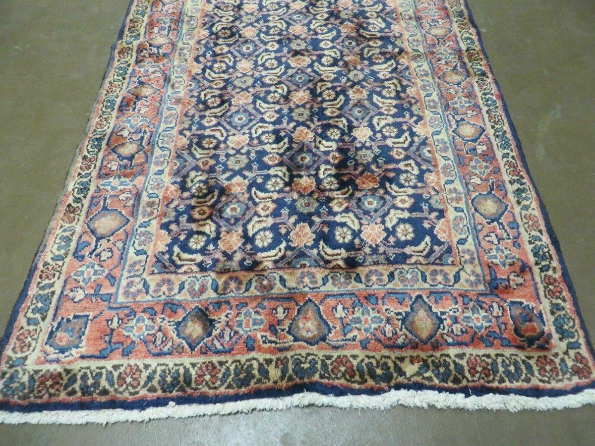 3'7" X 10' Antique Handmade India Floral Oriental Wool Runner Rug Organic Blue