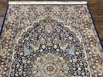 Pak Persian Rug 5x7, Navy Blue Hand Knotted Wool Oriental Carpet 5 x 7 ft, Floral Medallion, Traditional Vintage Pakistani Rug, 225 KPSI - Nuvé