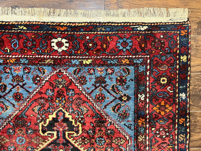 Antique Persian Tribal Rug 4x7, Wool Handmade 1920s Carpet, Red Blue, Persian Hamadan Rug - Nuvé