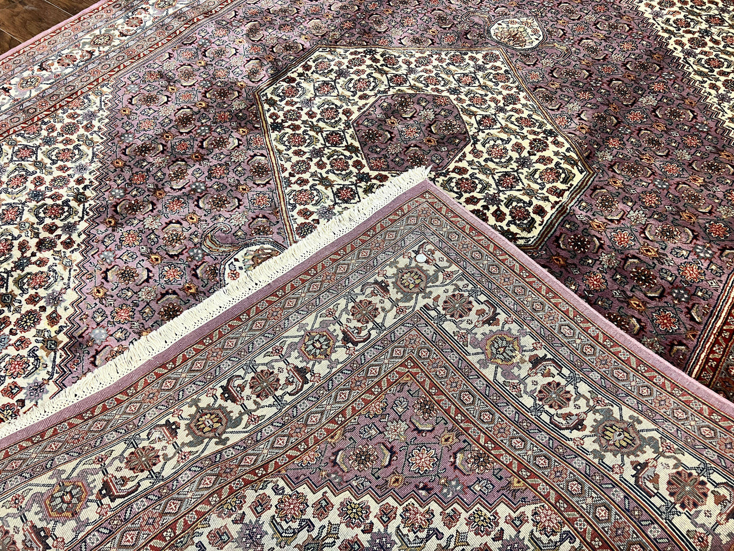 Indo Persian Bidjar Rug 8x10, Purple and Ivory Hand Knotted Wool Vintage Oriental Carpet, Herati Mahi Pattern, 8 x 10 Traditional Fine Rug - Nuvé