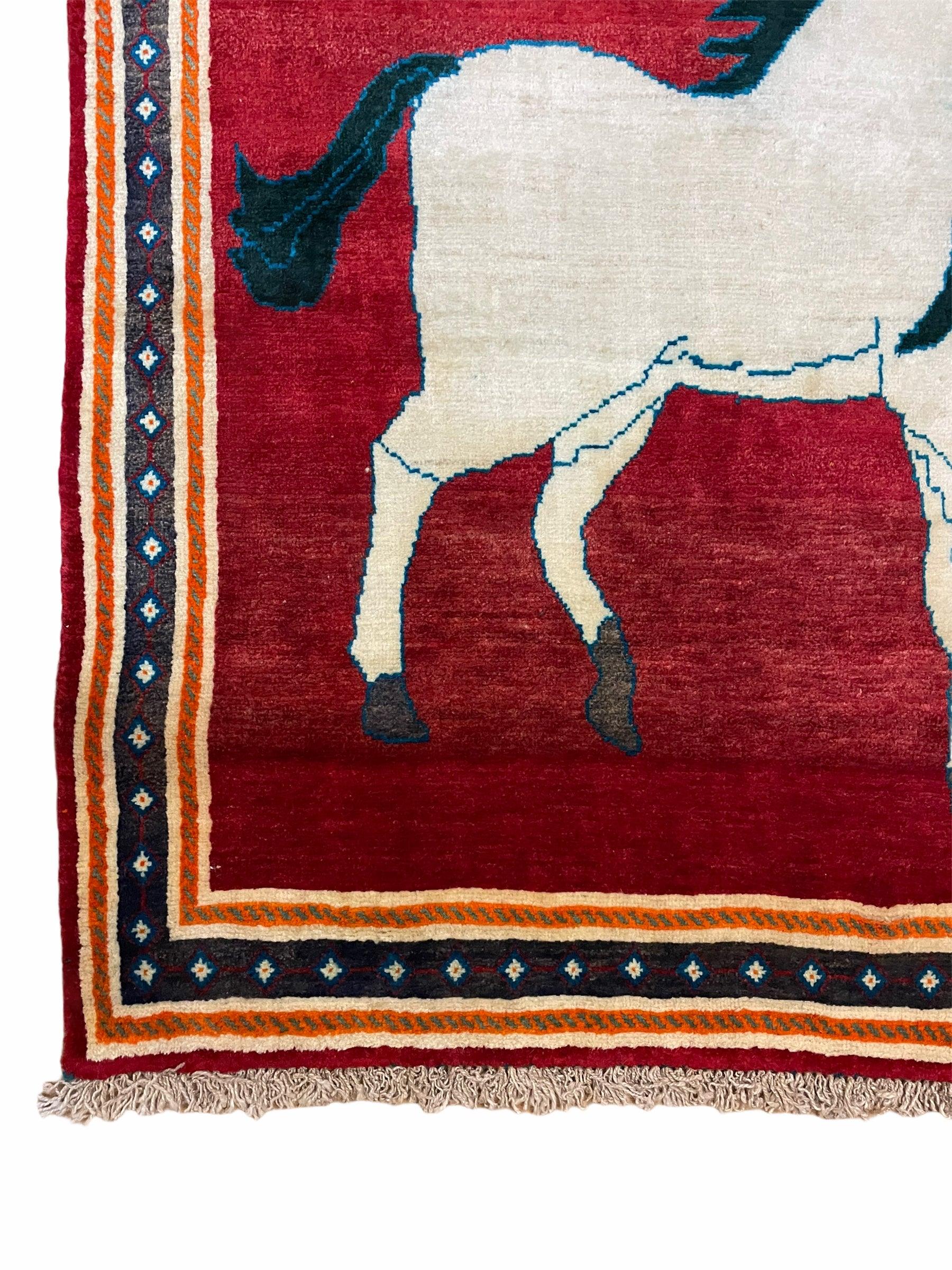 3.5 X 6 Handmade Hand-Knotted New Vintage Rug Quality Wool White Horses Red - Nuvé
