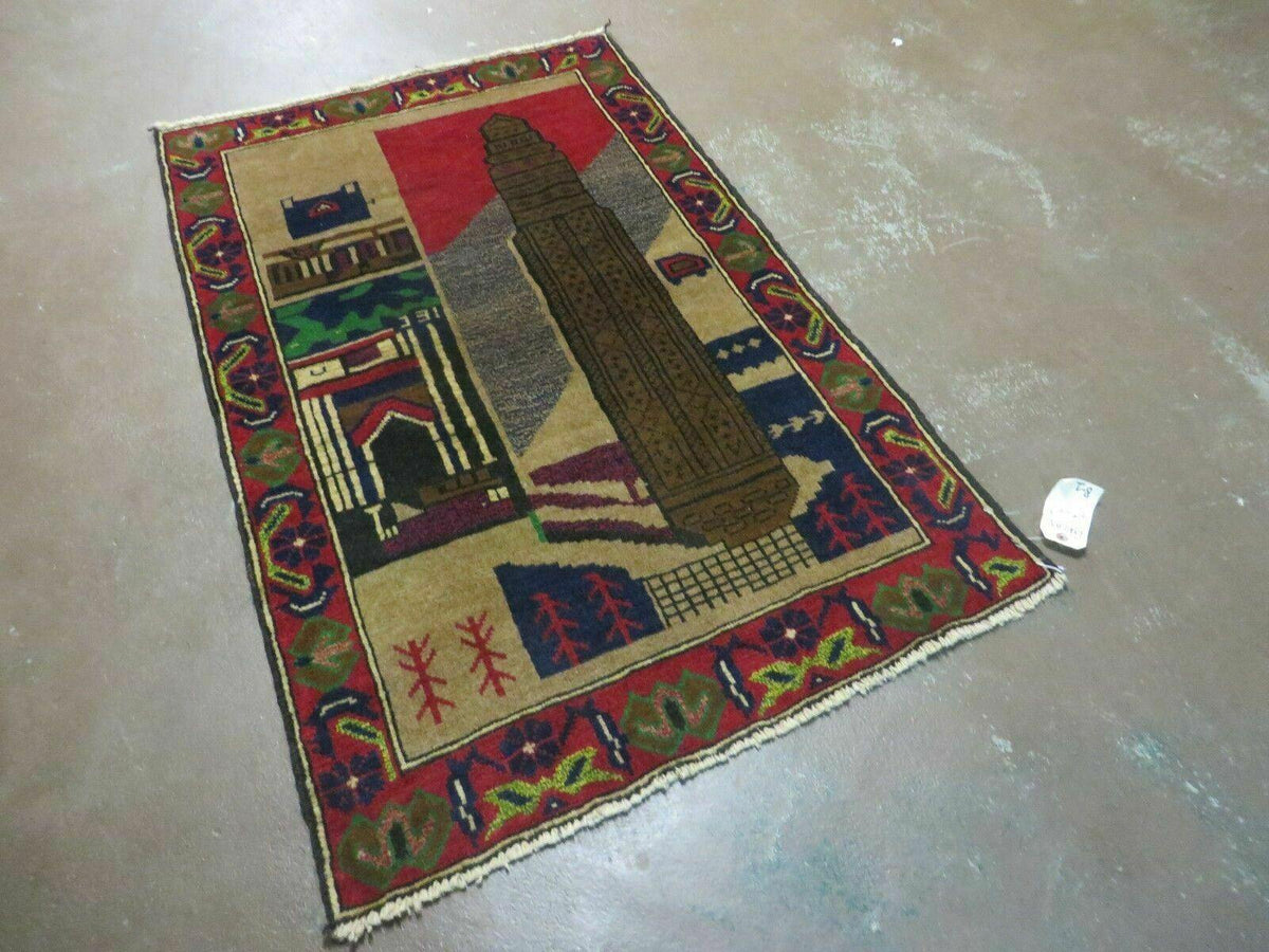 3' X 4' New Vintage Handmade Afghan Balouch Tribal Wool Pictorial Rug # 281