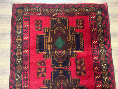 Red Afghan Balouch Rug 4x7, Triple Medallions, Handmade, New - Nuvé