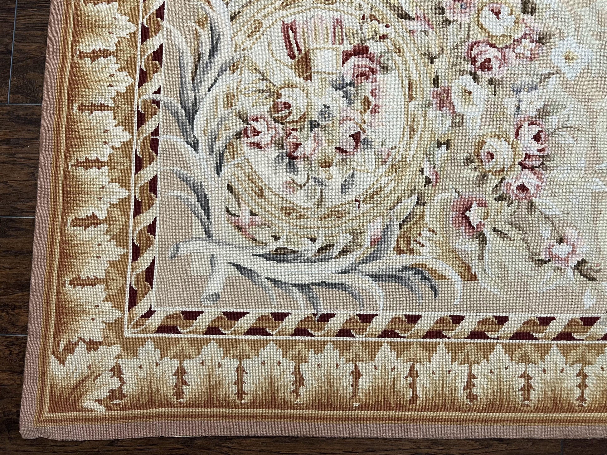 Aubusson Rug 9x12, Elegant Savonnerie Carpet 9 x 12 ft, Beige Ivory Tan, Floral, Flatweave Wool Handmade Area Rug 9 x 12 ft, European French - Nuvé