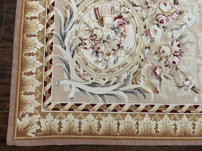Aubusson Rug 9x12, Elegant Savonnerie Carpet 9 x 12 ft, Beige Ivory Tan, Floral, Flatweave Wool Handmade Area Rug 9 x 12 ft, European French - Nuvé