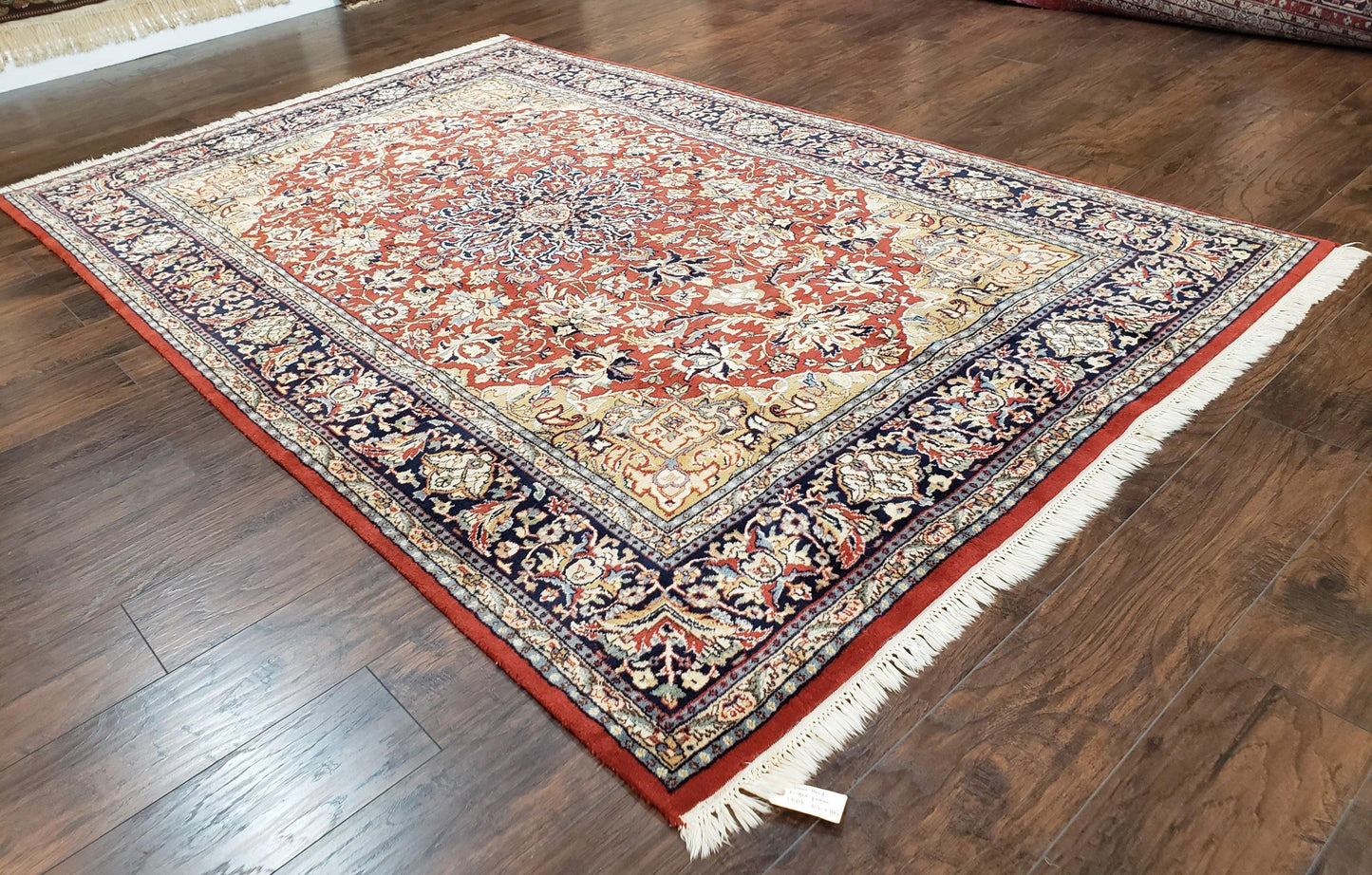 Vintage Indo Persian Oriental Rug 6 x 9.6, Wool Hand-Knotted Red Dark Blue & Gold Indian Carpet, 6 x 9 Office Room Rug, Floral Medallion - Nuvé
