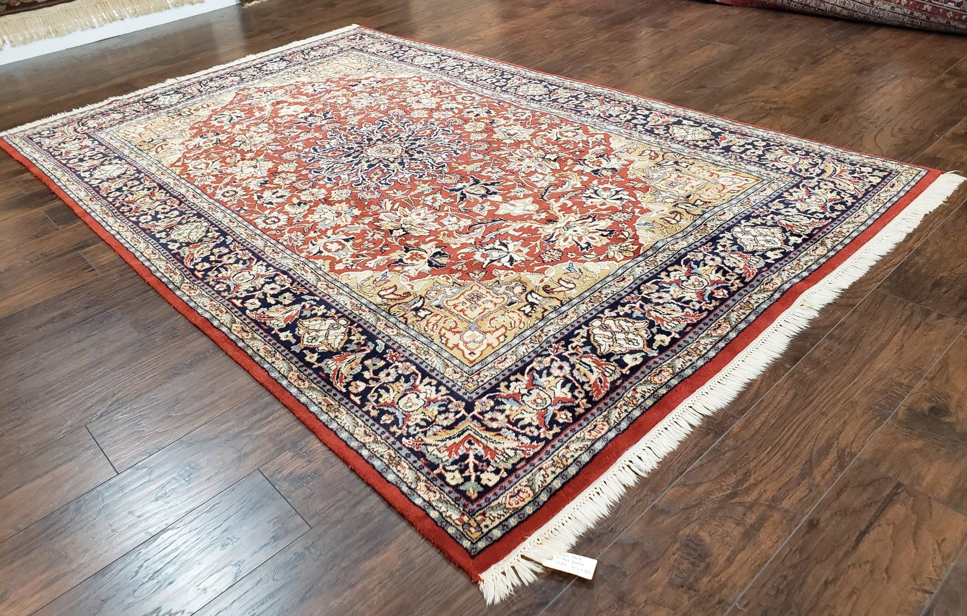 Vintage Indo Persian Oriental Rug 6 x 9.6, Wool Hand-Knotted Red Dark Blue & Gold Indian Carpet, 6 x 9 Office Room Rug, Floral Medallion - Nuvé