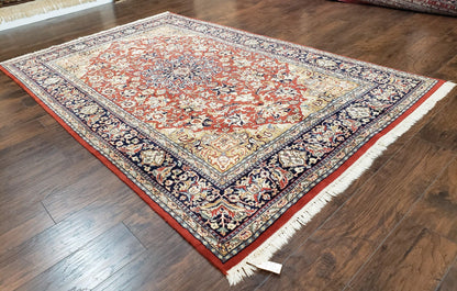 Vintage Indo Persian Oriental Rug 6 x 9.6, Wool Hand-Knotted Red Dark Blue & Gold Indian Carpet, 6 x 9 Office Room Rug, Floral Medallion - Nuvé