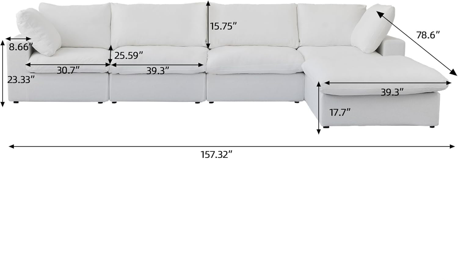 Nuvé® Solace Modular Bouclé Cloud Sofa - Snow White - 4-Seater Sectional Sofa with Ottoman - Nuvé