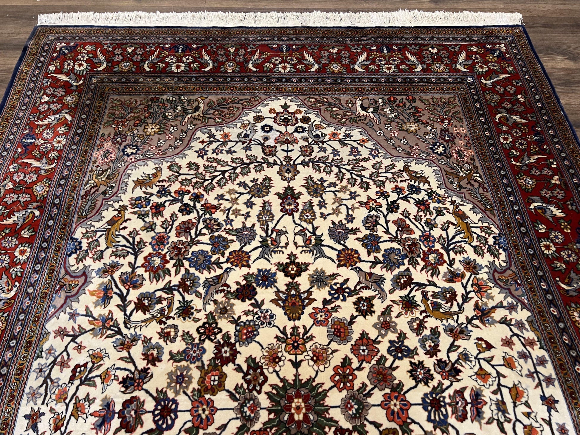 Beautiful Sino Persian Rug 7x10, Circle of Life Tree of Life Rug, Birds, Cream Red Navy Blue Taupe, Wool Silk Accents, Hand Knotted Vintage - Nuvé