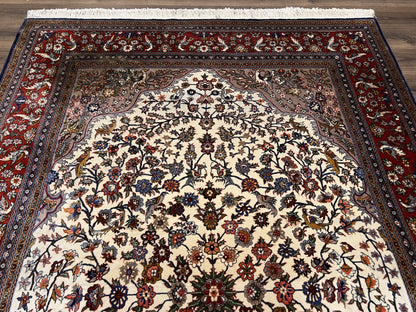 Beautiful Sino Persian Rug 7x10, Circle of Life Tree of Life Rug, Birds, Cream Red Navy Blue Taupe, Wool Silk Accents, Hand Knotted Vintage - Nuvé