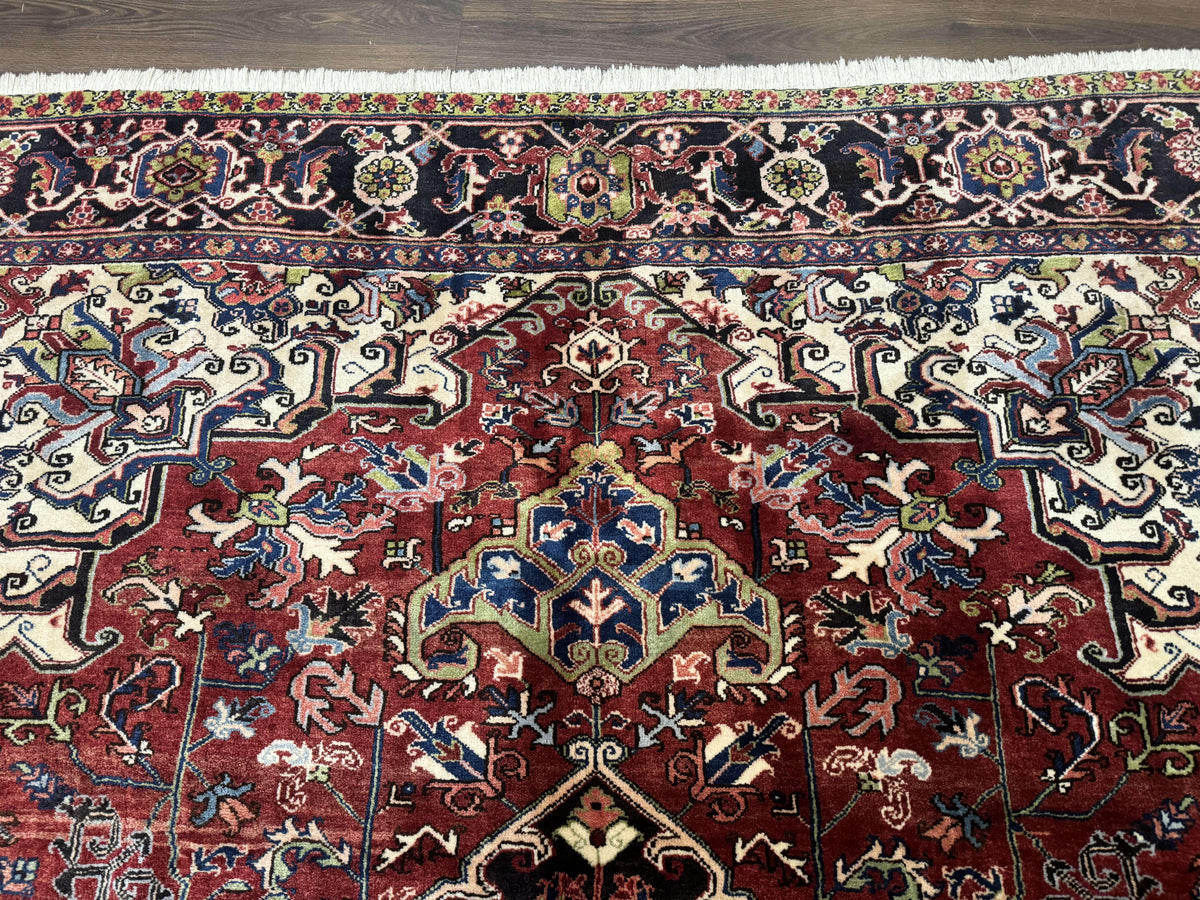 Antique Persian Heriz Rug 8x11, Geometric Tribal Wool Carpet, Brick Red