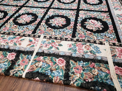Floral Needlepoint Rug 9.5 x 13.6, Floral Panel Design, Black and Ivory Flatweave Aubusson Carpet, Multicolor - Nuvé