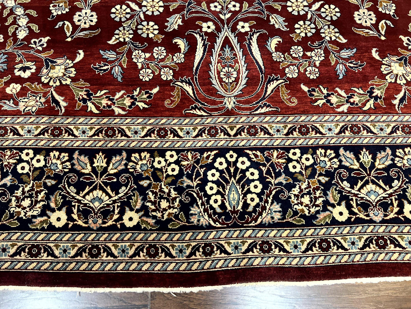 Indo Persian Sarouk Rug 9x12, Floral Allover, Dark Red & Navy Blue, Handmade Vintage Wool Carpet - Nuvé