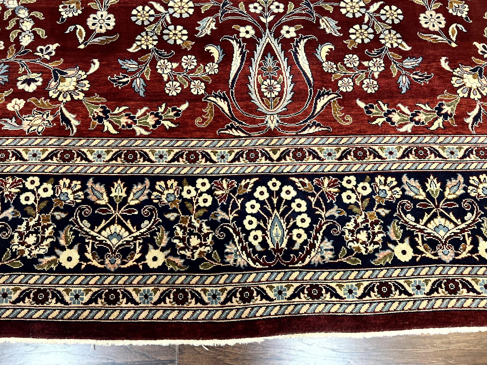 Indo Persian Sarouk Rug 9x12, Floral Allover, Dark Red & Navy Blue, Handmade Vintage Wool Carpet - Nuvé