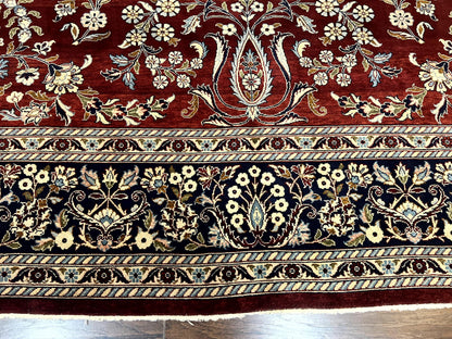 Indo Persian Sarouk Rug 9x12, Floral Allover, Dark Red & Navy Blue, Handmade Vintage Wool Carpet - Nuvé