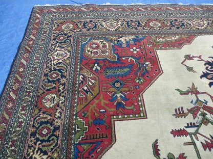 Persian Tabriz Rug 10x13 Oriental Carpet, Ivory Open Field, Geometric Medallion, Red Blue, Hand Knotted, Large Wool Area Rug Vintage Antique 1950s - Nuvé