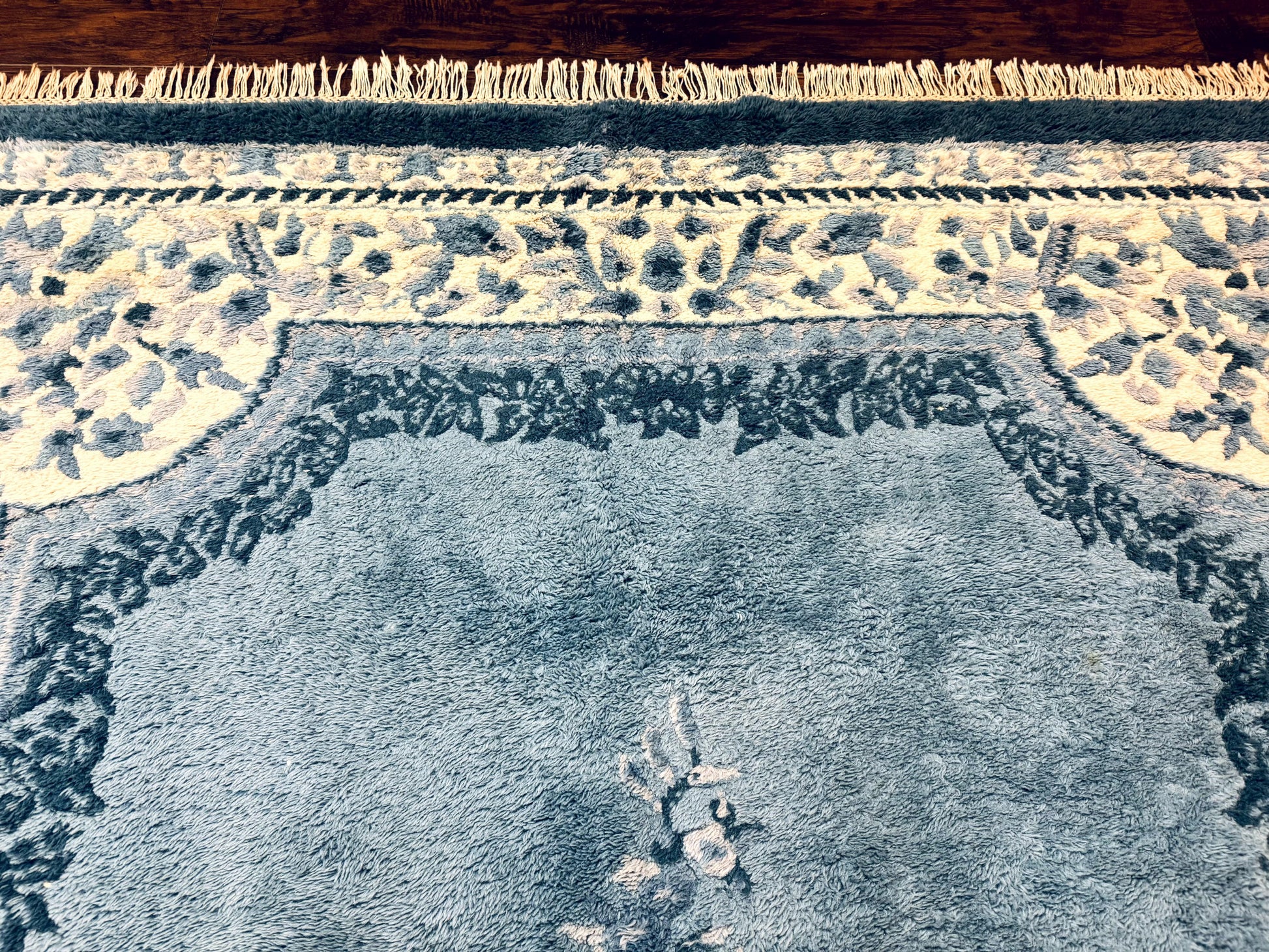 Indo Chinese Aubusson Rug 6x9, Light Blue and Ivory, Handmade Vintage Wool Carpet - Nuvé