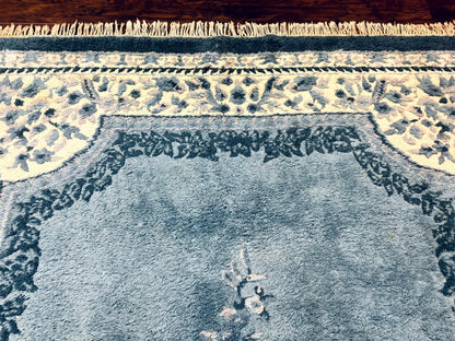Indo Chinese Aubusson Rug 6x9, Light Blue and Ivory, Handmade Vintage Wool Carpet - Nuvé