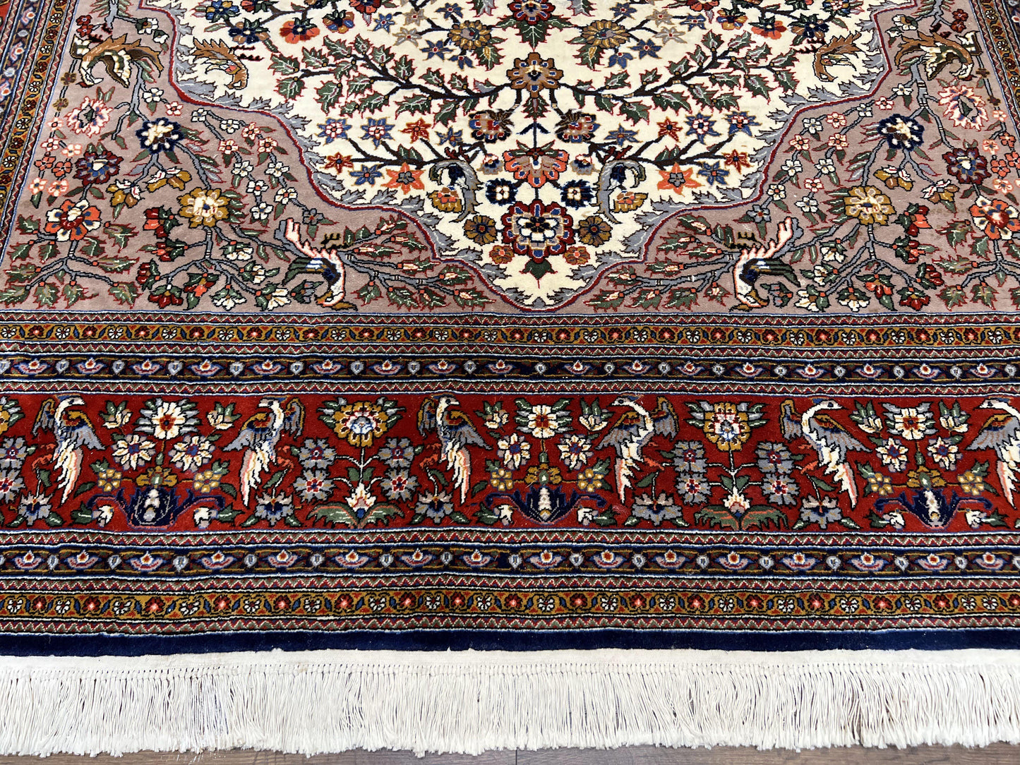 Beautiful Sino Persian Rug 7x10, Circle of Life Tree of Life Rug, Birds, Cream Red Navy Blue Taupe, Wool Silk Accents, Hand Knotted Vintage - Nuvé