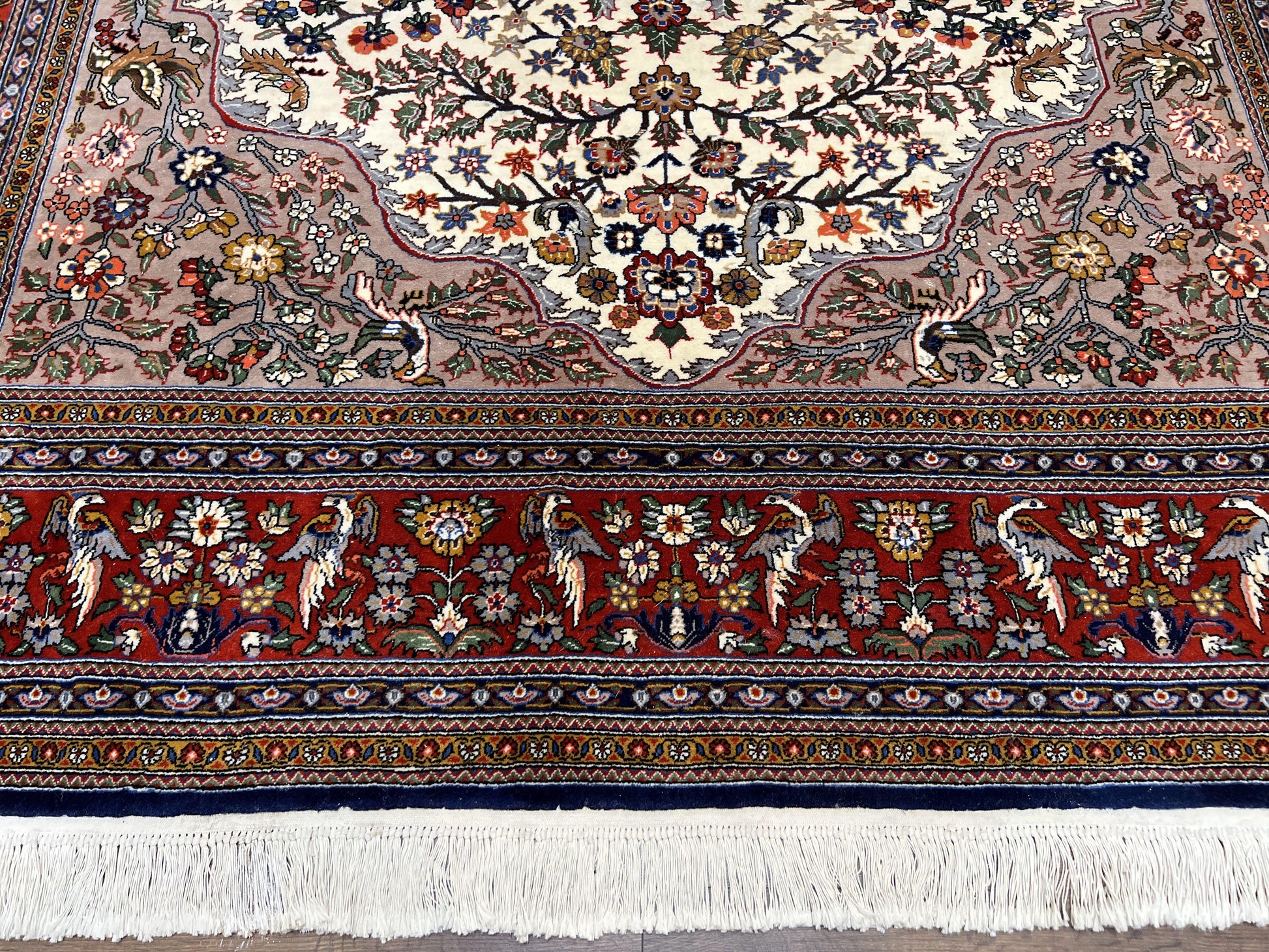 Beautiful Sino Persian Rug 7x10, Circle of Life Tree of Life Rug, Birds, Cream Red Navy Blue Taupe, Wool Silk Accents, Hand Knotted Vintage - Nuvé