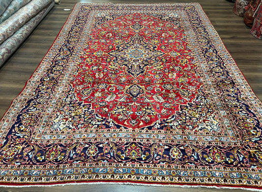Persian Kashan Rug 9x12, Red Navy Blue, Allover Floral Medallion & Corner Design, Handmade Wool Oriental Carpet, Semi Antique Traditional Carpet - Nuvé