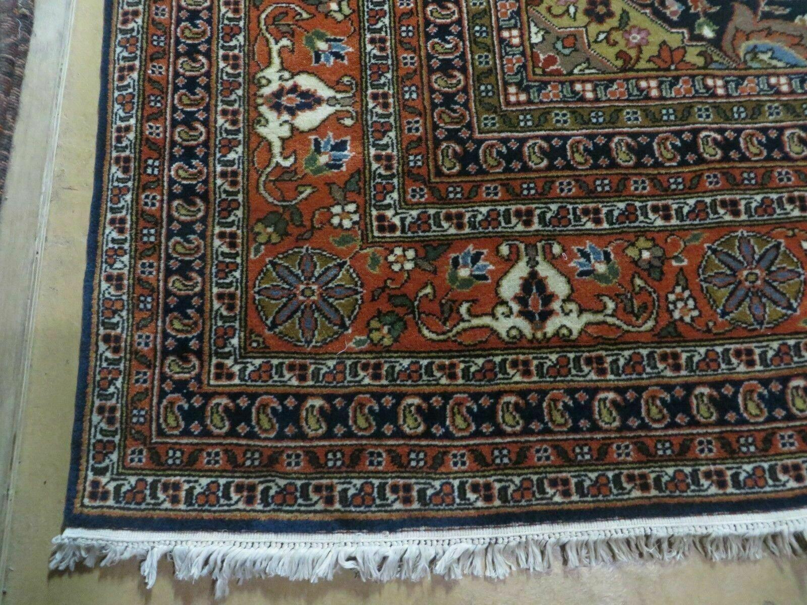 Indo Persian Rug 9x12, Semi Open Field Medallion, Ivory Tomato Red Navy Blue, Hand Knotted Indian Oriental Wool Carpet 9 x 12 ft, Room Sized - Nuvé